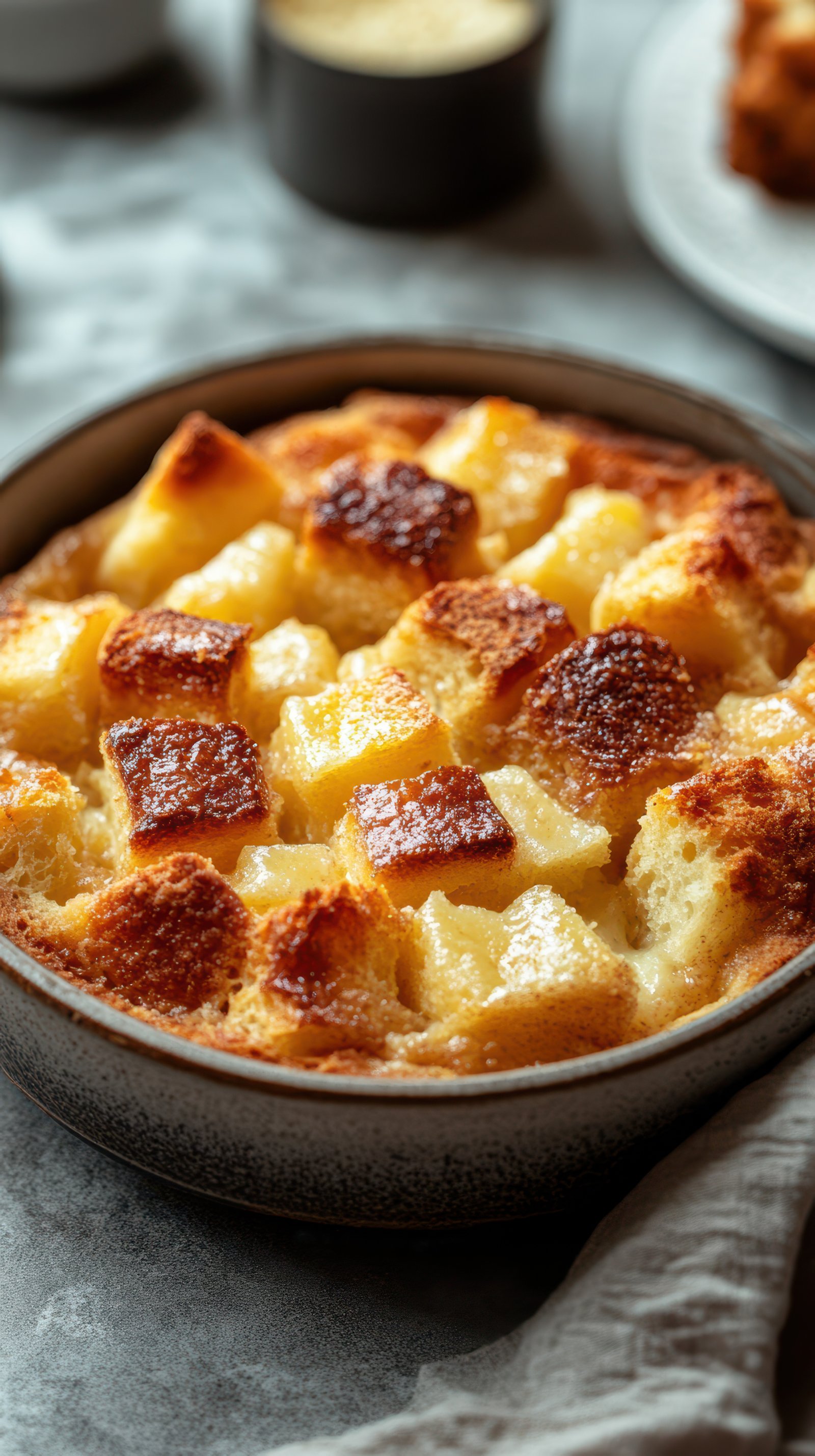 Delicious bread pudding topped with golden crust served in a round baking dish on a wooden table